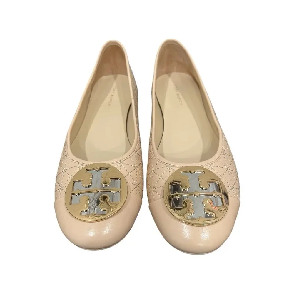 Tory Burch Claire Quilted Ballet Flats Beige Cap Toe Leather Size 8.5 Pristine